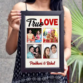 True Love Collage - Personalized Couple Frame with 4 custom photos and names Pankhuri & Rahul in a black A4 synthetic wood frame, ideal for anniversaries.